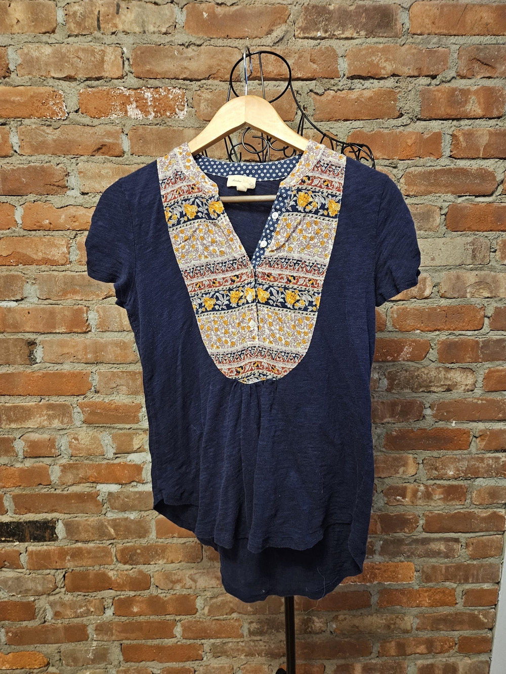 Meadow Rue Navy Short-Sleeve Jersey Top with Floral Embroidered Placket